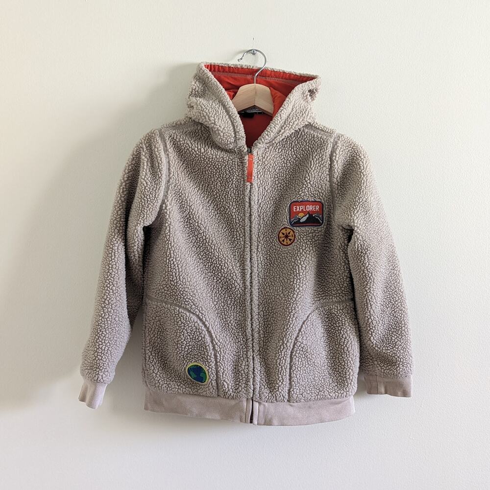 Lands End Sherpa Jacket Size M/10-12 Patches Explorer Compass World Hoodie